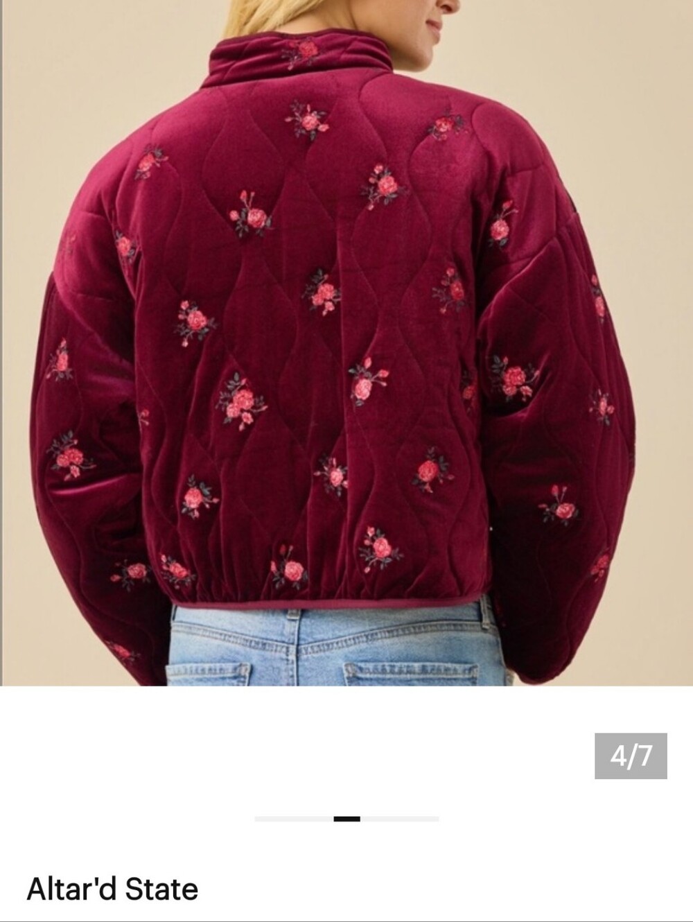 Altar'd State Burgundy Velvet Quilted Floral Jacket - Picture 5 of 8